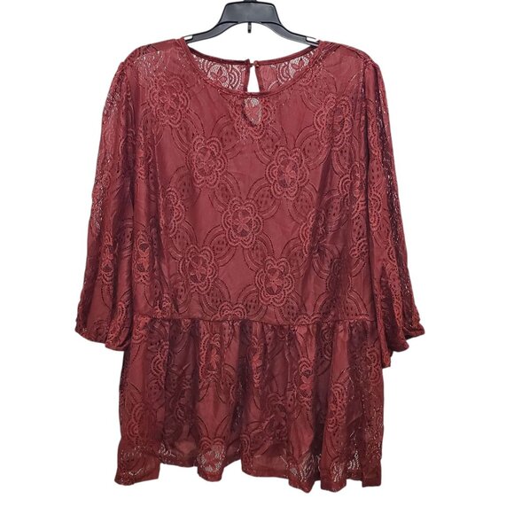 Bloomchic‎ Woman's Burgundy Sheer Lace 3/4 Sleeve Peplum Peasant Top Plus US 26 - Picture 1 of 8